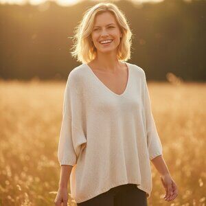 FIRST RITE 100% Pima Cotton Oversized Textured Sweater Ivory XL Slouchy